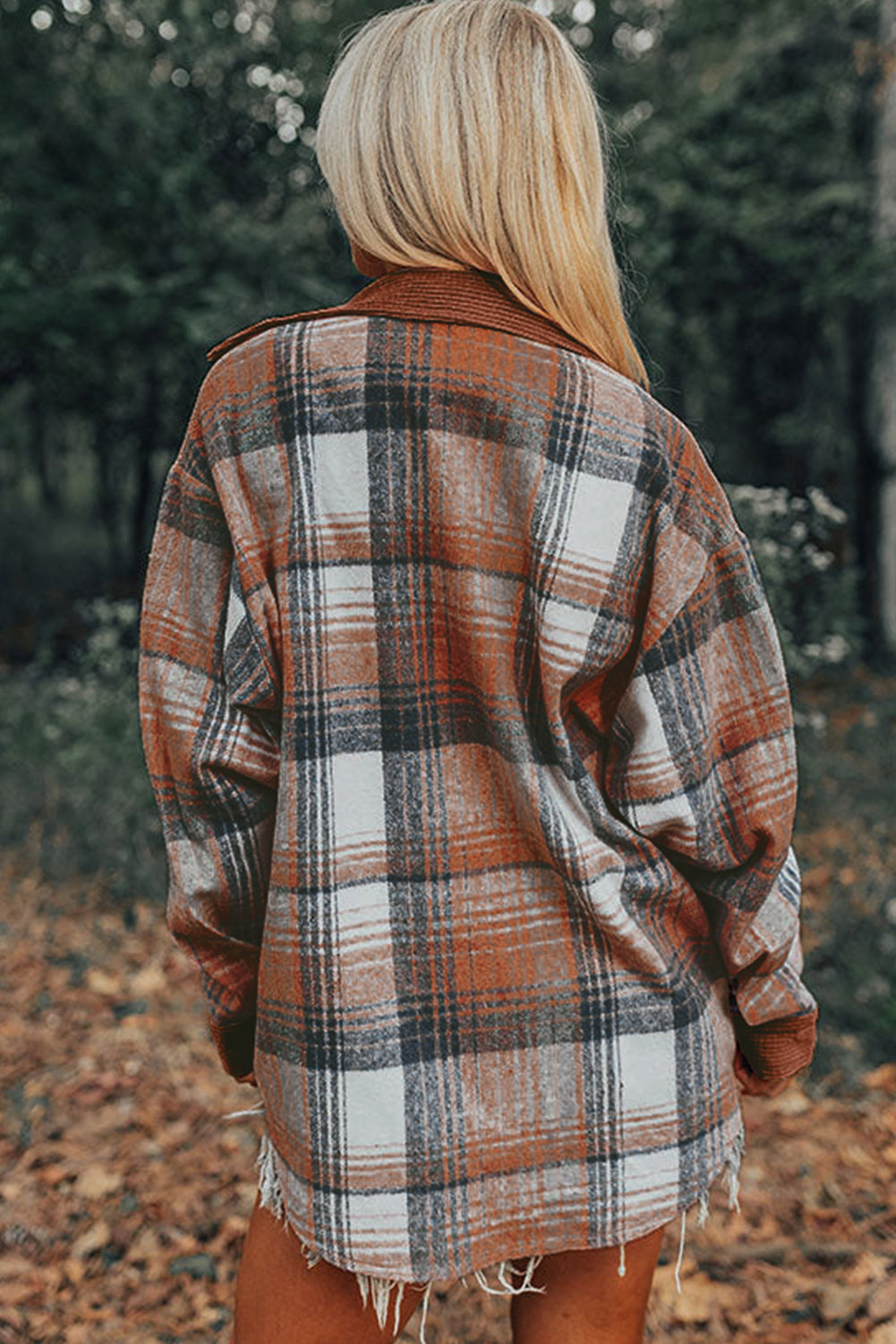 Cinnamon Plaid Corduroy Patchwork Chest Pocket Shacket Plaid Shackets JT's Designer Fashion