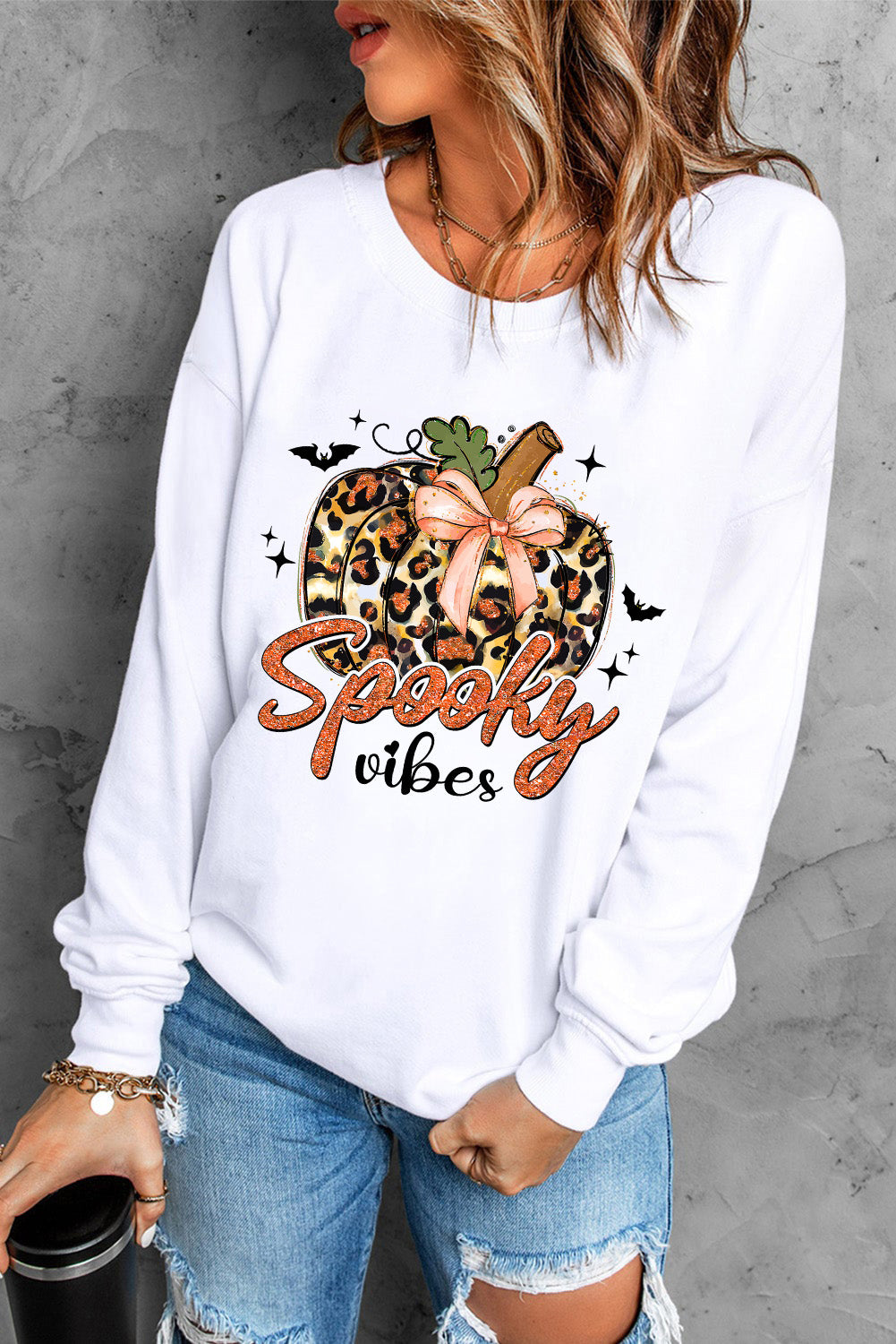 Beige Spooky Leopard Pumpkin Print Crew Neck Sweatshirt Graphic Sweatshirts JT's Designer Fashion