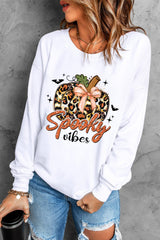 Beige Spooky Leopard Pumpkin Print Crew Neck Sweatshirt Graphic Sweatshirts JT's Designer Fashion