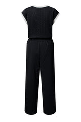 Black Cable Knit Contrast Trim Short Sleeve Top and Pants Set Pant Sets JT's Designer Fashion