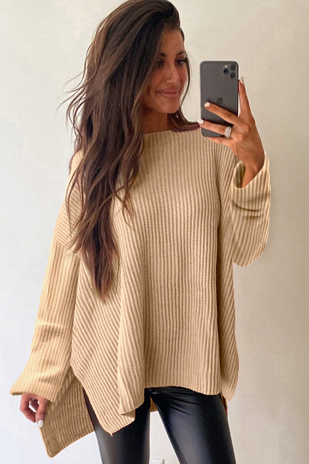 Apricot Cable Knit Drop Shoulder Side Slits Loose Sweater Sweaters JT's Designer Fashion