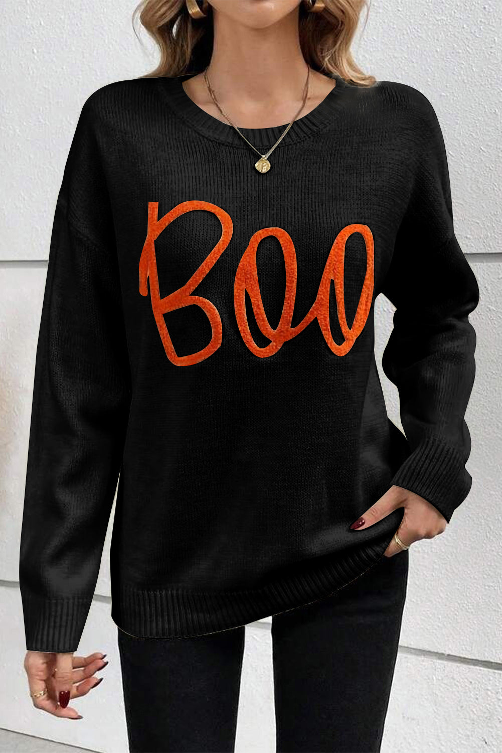 Black Boo Knitted Pattern Ribbed Edge Drop Shoulder Sweater Sweaters JT's Designer Fashion