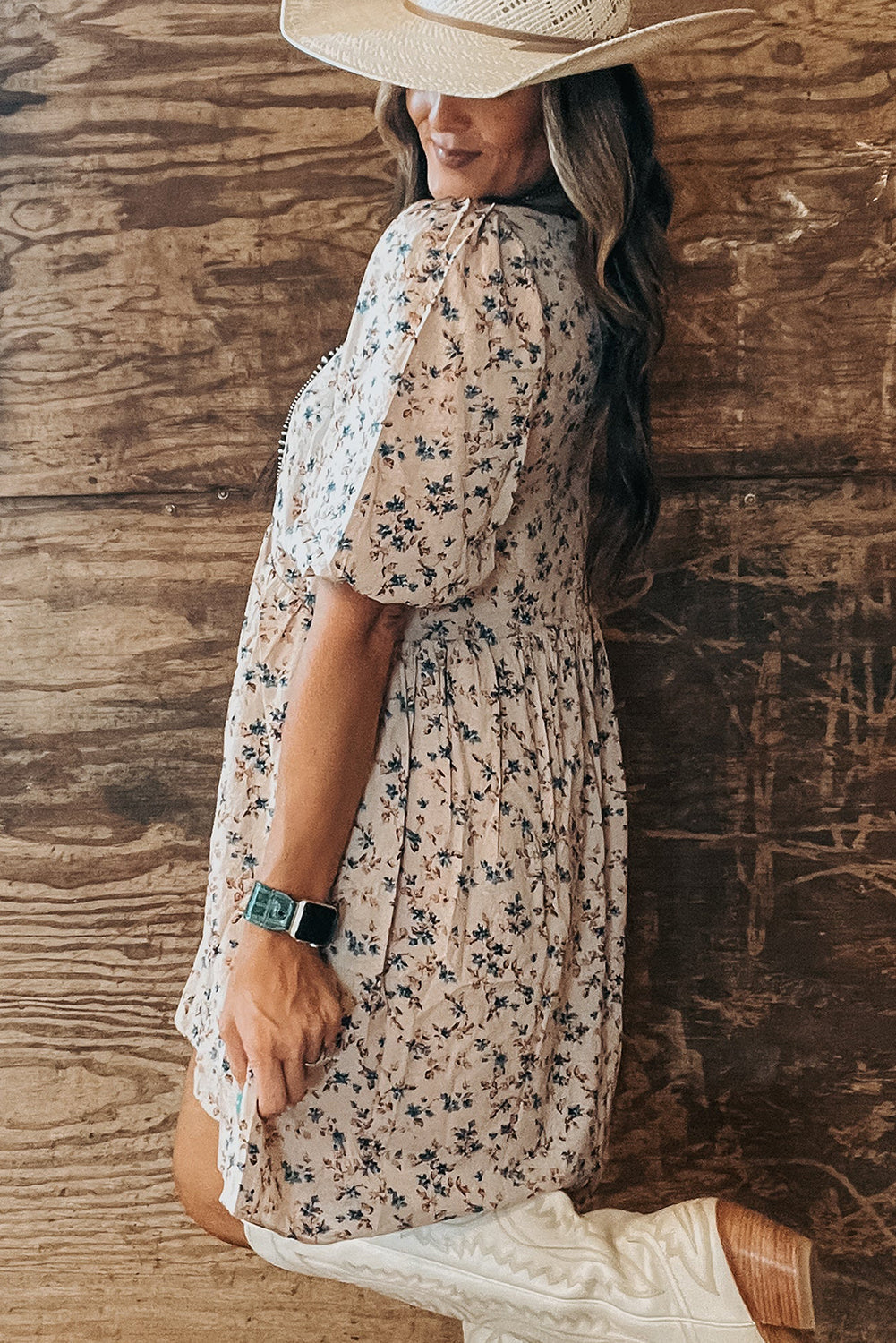 Beige Floral Puff Short Sleeve Empire Waist Mini Dress Floral Dresses JT's Designer Fashion