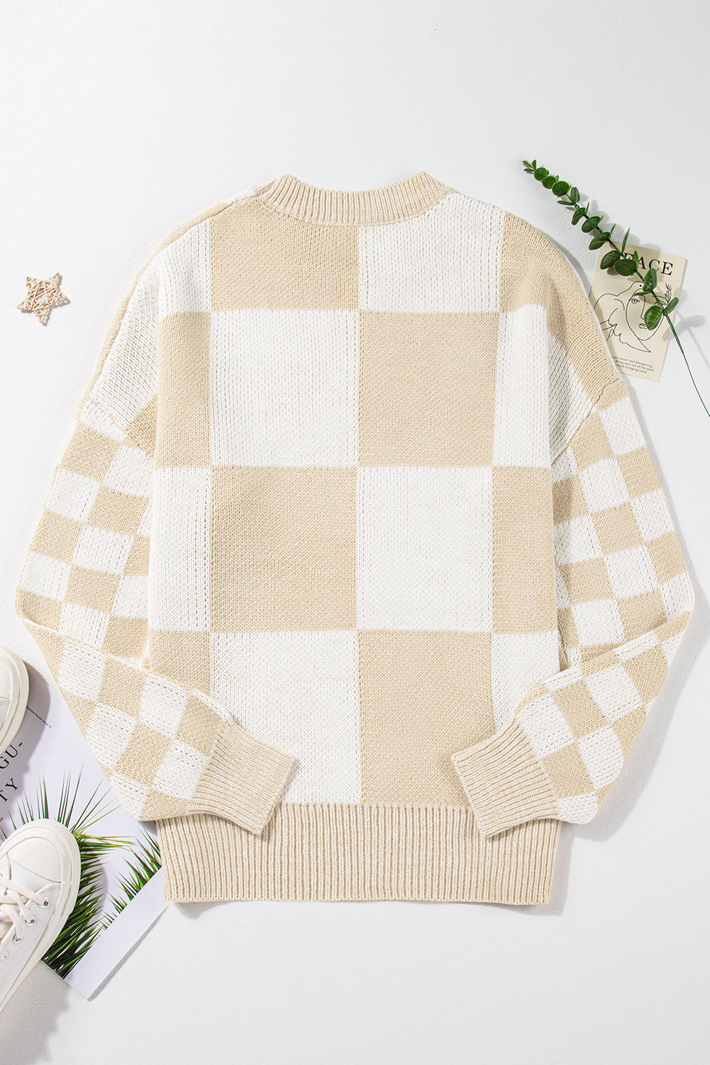 Flaxen Checkered Print Drop Shoulder Sweater Sweaters JT's Designer Fashion