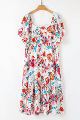 White Floral Square Neck Puff Sleeve Flowy Plus Size Midi Dress Plus Size Midi Dresses JT's Designer Fashion