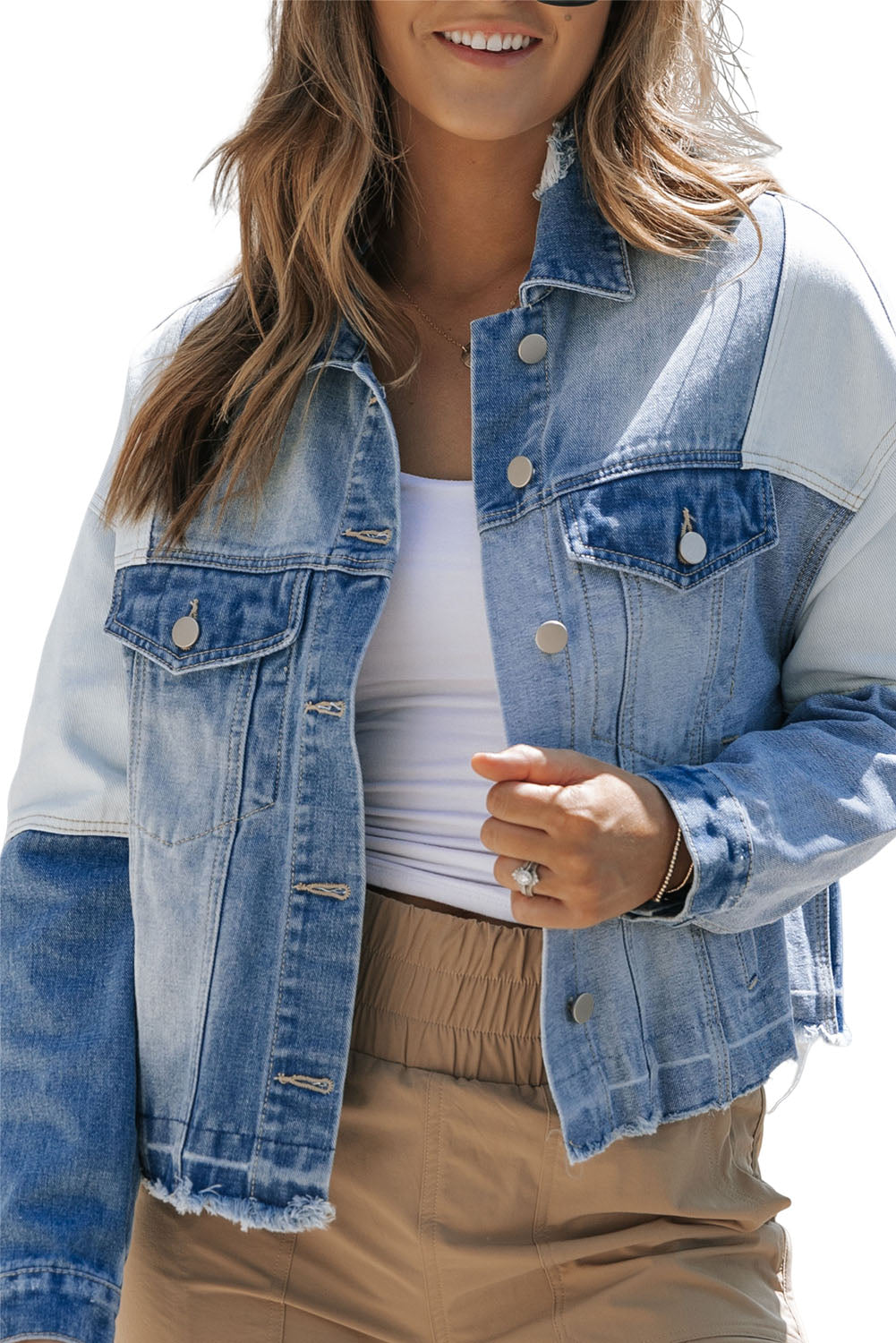 Sky Blue Color Block Denim Patchwork Frayed Hem Jacket Denim Jackets JT's Designer Fashion