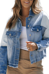 Sky Blue Color Block Denim Patchwork Frayed Hem Jacket Denim Jackets JT's Designer Fashion