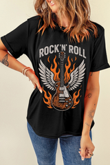Black Guitar Wings Slogan Print Crew Neck T Shirt Graphic Tees JT's Designer Fashion