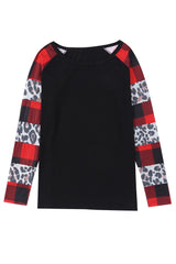 Black Off Shoulder Plaid&Leopard Print Long Sleeve Top Long Sleeve Tops JT's Designer Fashion