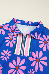 Purple Floral Striped Quarter Zip Cap Sleeve Drawstring Waist Mini Dress Floral Dresses JT's Designer Fashion
