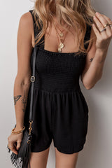 Black Smocked Bust Textured Knit Sleeveless Romper Bottoms JT's Designer Fashion