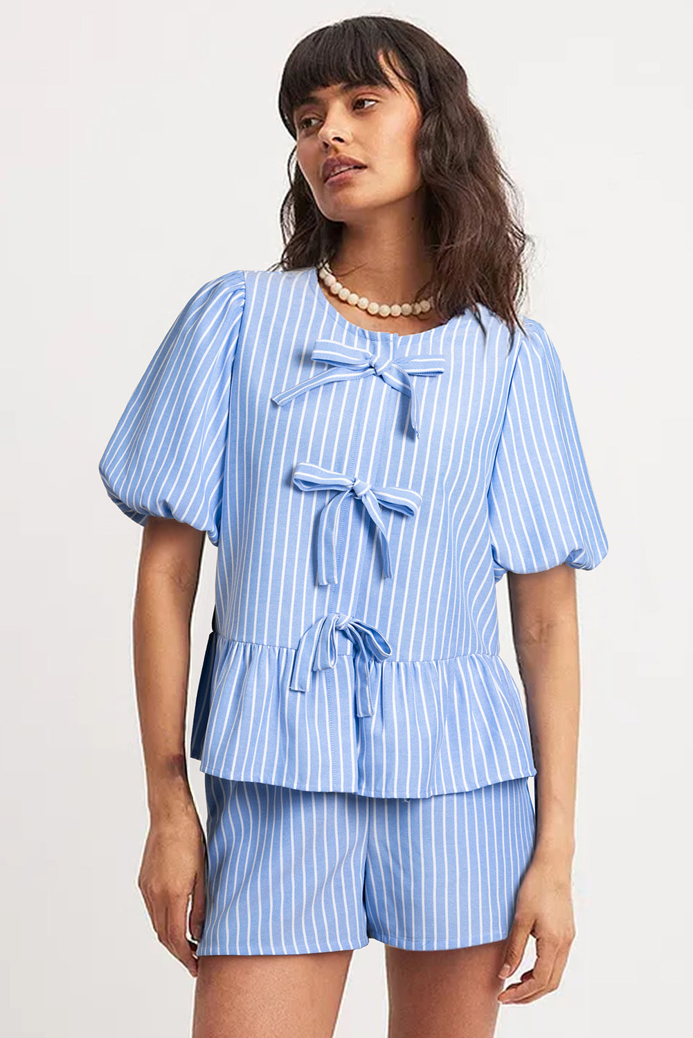 Sky Blue Striped Bowknot Detail Puffy Sleeve Top and Shorts 2Pcs Set Short Sets JT's Designer Fashion