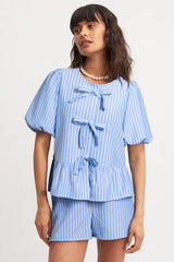 Sky Blue Striped Bowknot Detail Puffy Sleeve Top and Shorts 2Pcs Set Short Sets JT's Designer Fashion