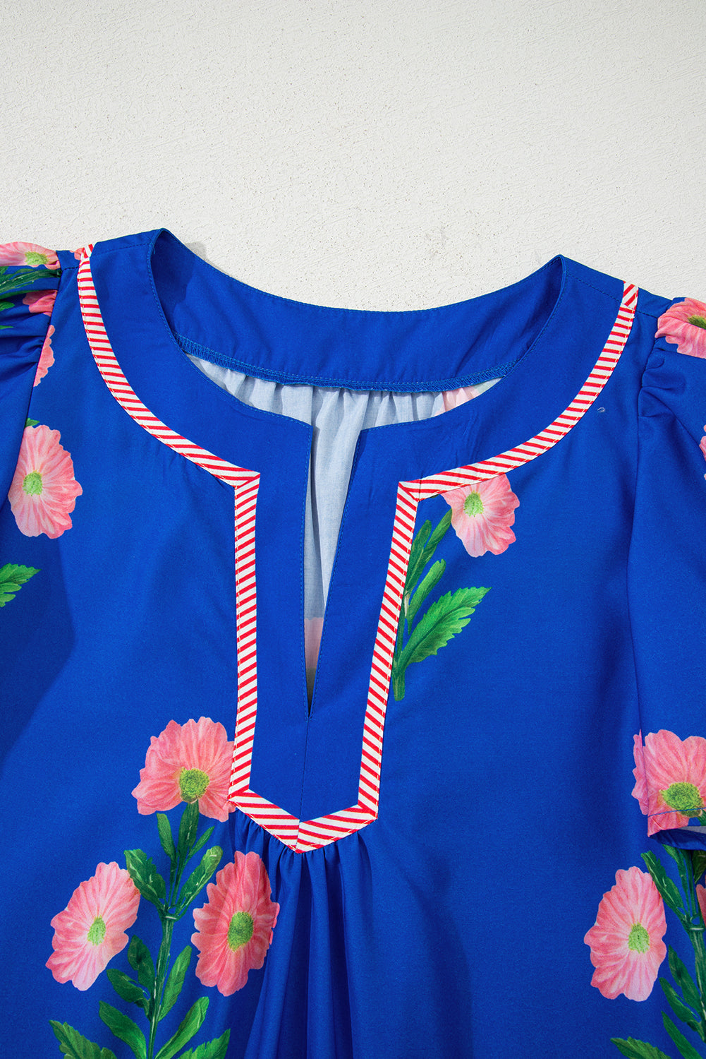 Blue Floral Short Sleeve Split Neck Loose Mini Dress Floral Dresses JT's Designer Fashion