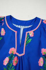 Blue Floral Short Sleeve Split Neck Loose Mini Dress Floral Dresses JT's Designer Fashion