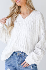 White Textured Knit Ribbed Edge V Neck Loose Sweater White 100%Acrylic Sweaters JT's Designer Fashion