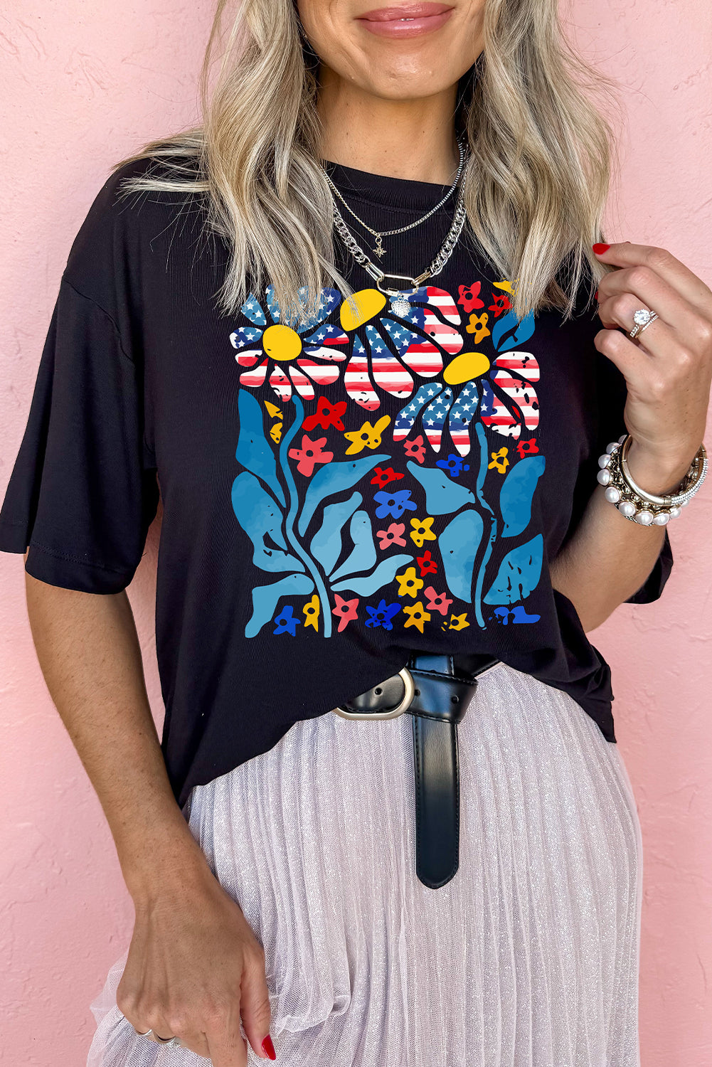 Black USA Flag Flower Graphic Drop Shoulder T Shirt Graphic Tees JT's Designer Fashion