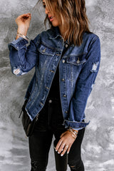 Blue Lapel Distressed Raw Hem Buttons Denim Jacket Denim Jackets JT's Designer Fashion