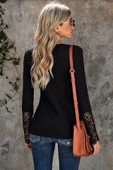 Black Crochet Lace Hem Sleeve Button Top Long Sleeve Tops JT's Designer Fashion