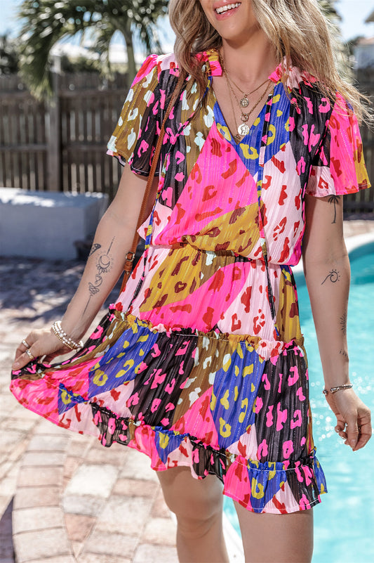 Rose Leopard Print Short Sleeve Tiered Ruffle Mini Dress Dresses JT's Designer Fashion