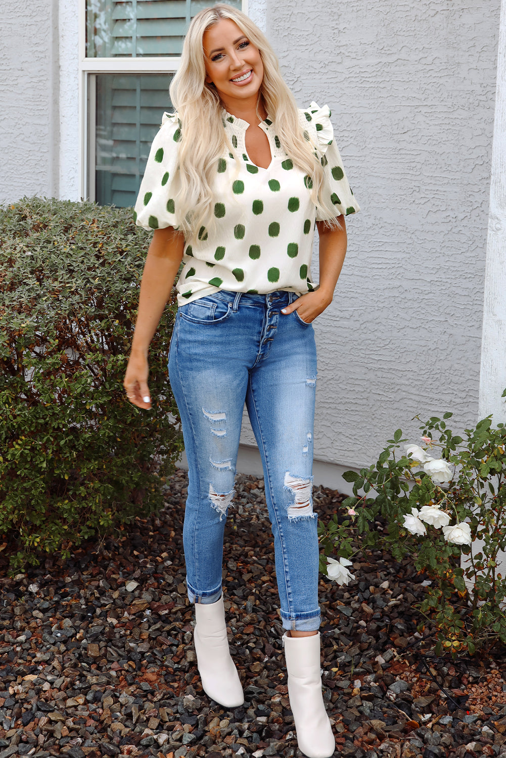 Apricot Polka Dot Print Shirred Yoke Notched Neck Balloon Sleeve Blouse Blouses & Shirts JT's Designer Fashion