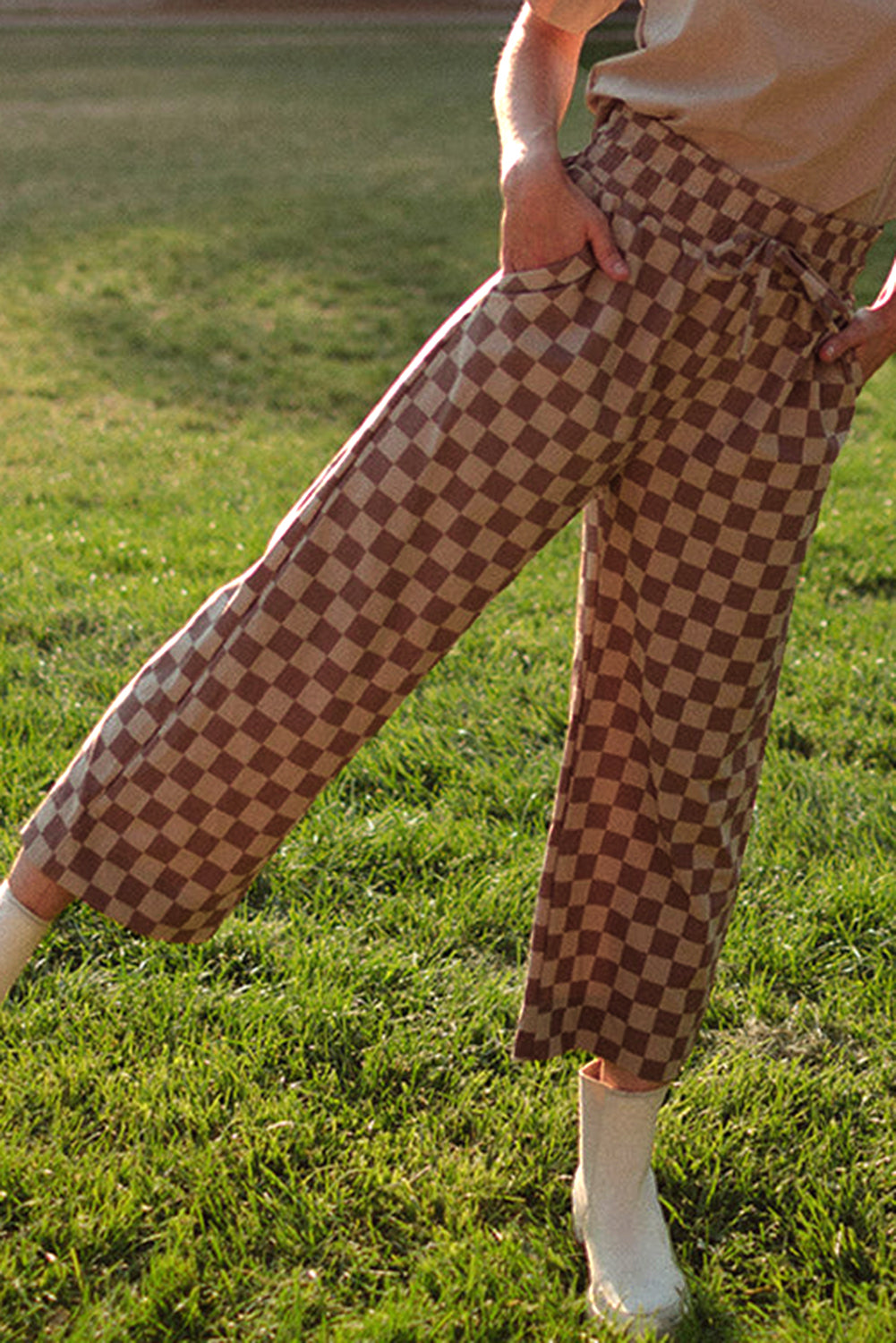 Khaki Checkered Elastic High Waist Loose Casual Pants Pants & Culotte JT's Designer Fashion