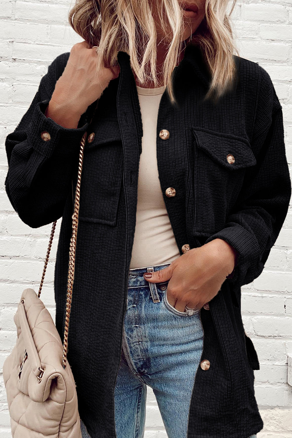 Black Corduroy Flap Pocket Button Up Shacket Jackets JT's Designer Fashion