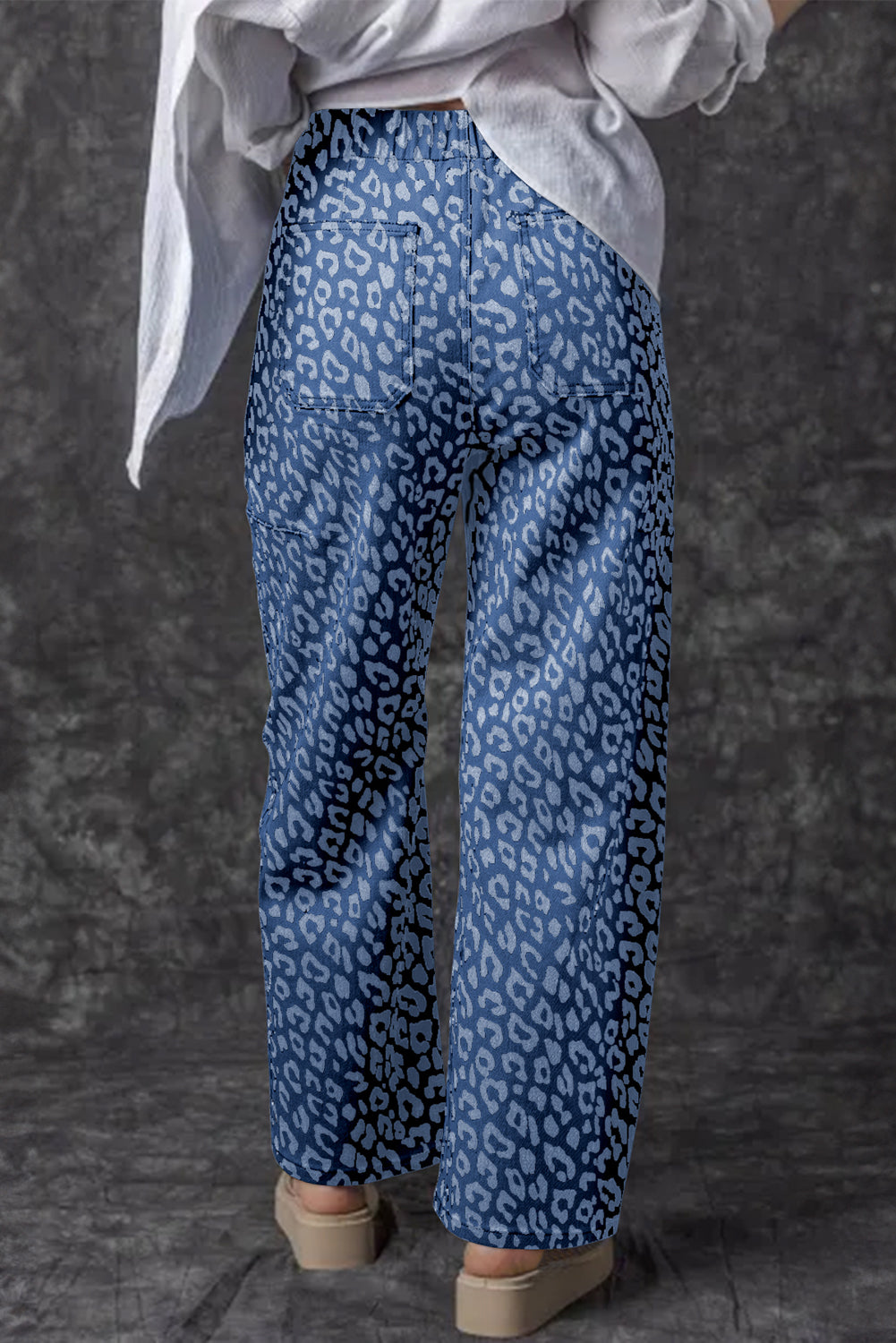Blue Leopard Printed Drawstring Waist Pocketed Wide Leg Jeans Bottoms JT's Designer Fashion