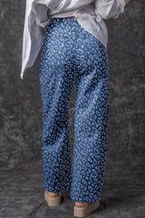 Blue Leopard Printed Drawstring Waist Pocketed Wide Leg Jeans Bottoms JT's Designer Fashion