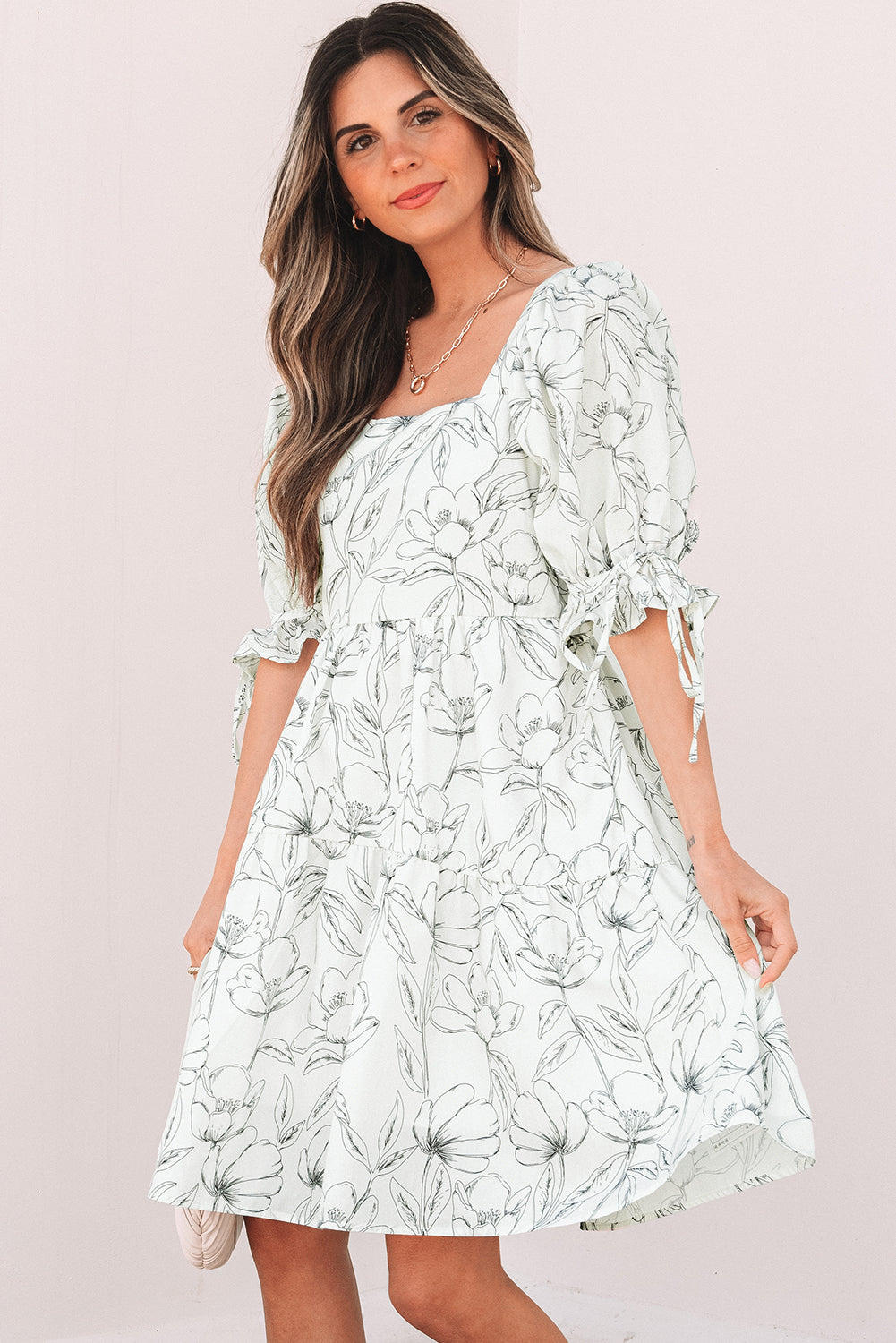 Beige Floral Print Square Neck Shirred Back Puff Sleeve Mini Dress Floral Dresses JT's Designer Fashion