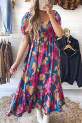 Dark Blue Square Neck Bubble Sleeve Ruffled Floral Dress Floral Dresses JT's Designer Fashion