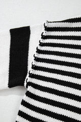 Black white Striped Drop Shoulder Bishop Sleeve Knit Sweater Sweaters JT's Designer Fashion