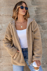 Pale Khaki Fleece Zip Up Drawstring Hooded Pocketed Jacket Jackets JT's Designer Fashion