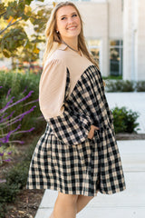 Black Plaid Waffle Knit Patchwork Collared V Neck Plus Size Mini Dress Plus Size Mini Dresses JT's Designer Fashion