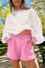 Strawberry Pink Color Block Pullover and Lace-up Elastic Waist Shorts Set Short Sets JT's Designer Fashion