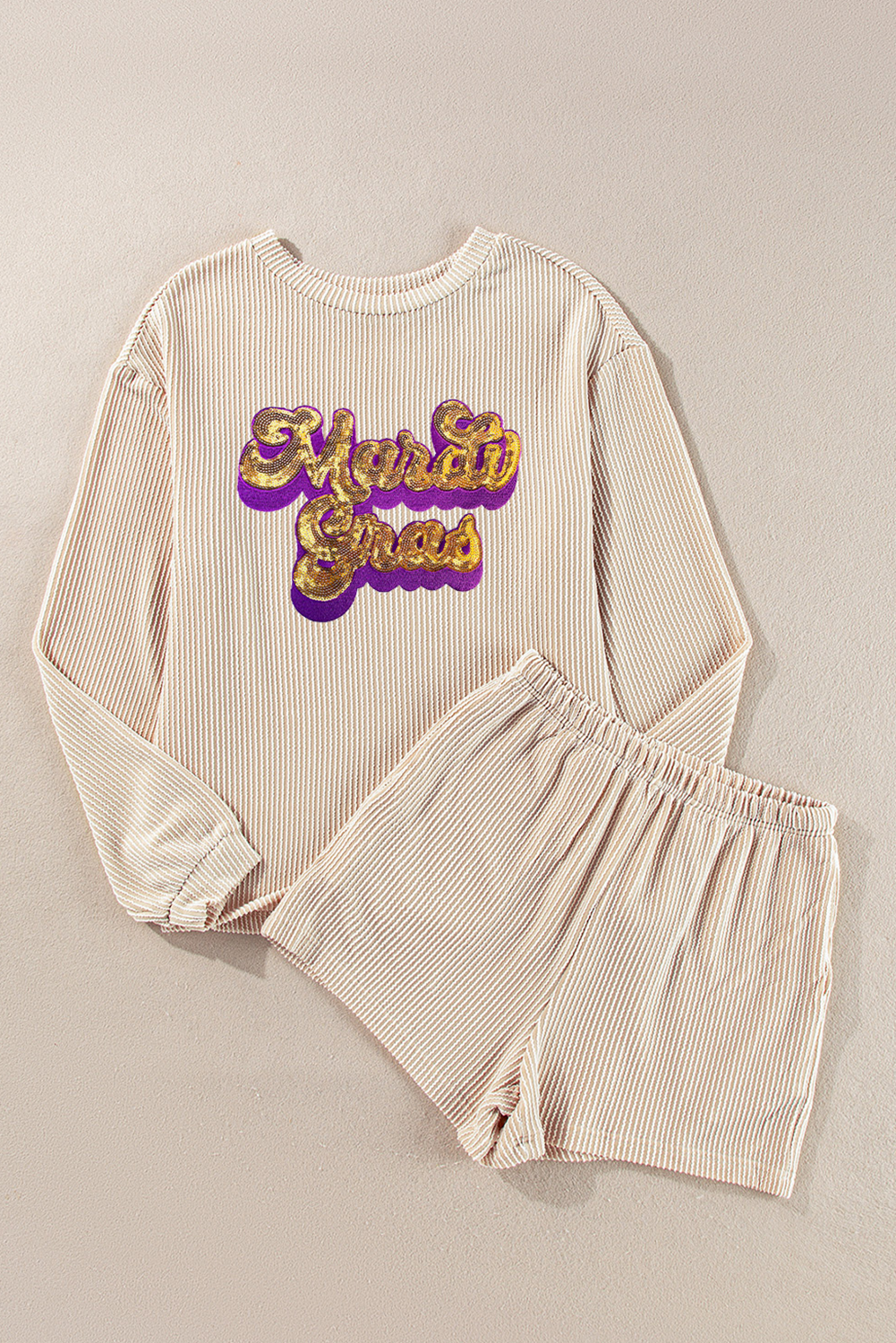 Parchment Mardi Gras Sequined Corded Knit Two Piece Shorts Set Graphic Sets JT's Designer Fashion