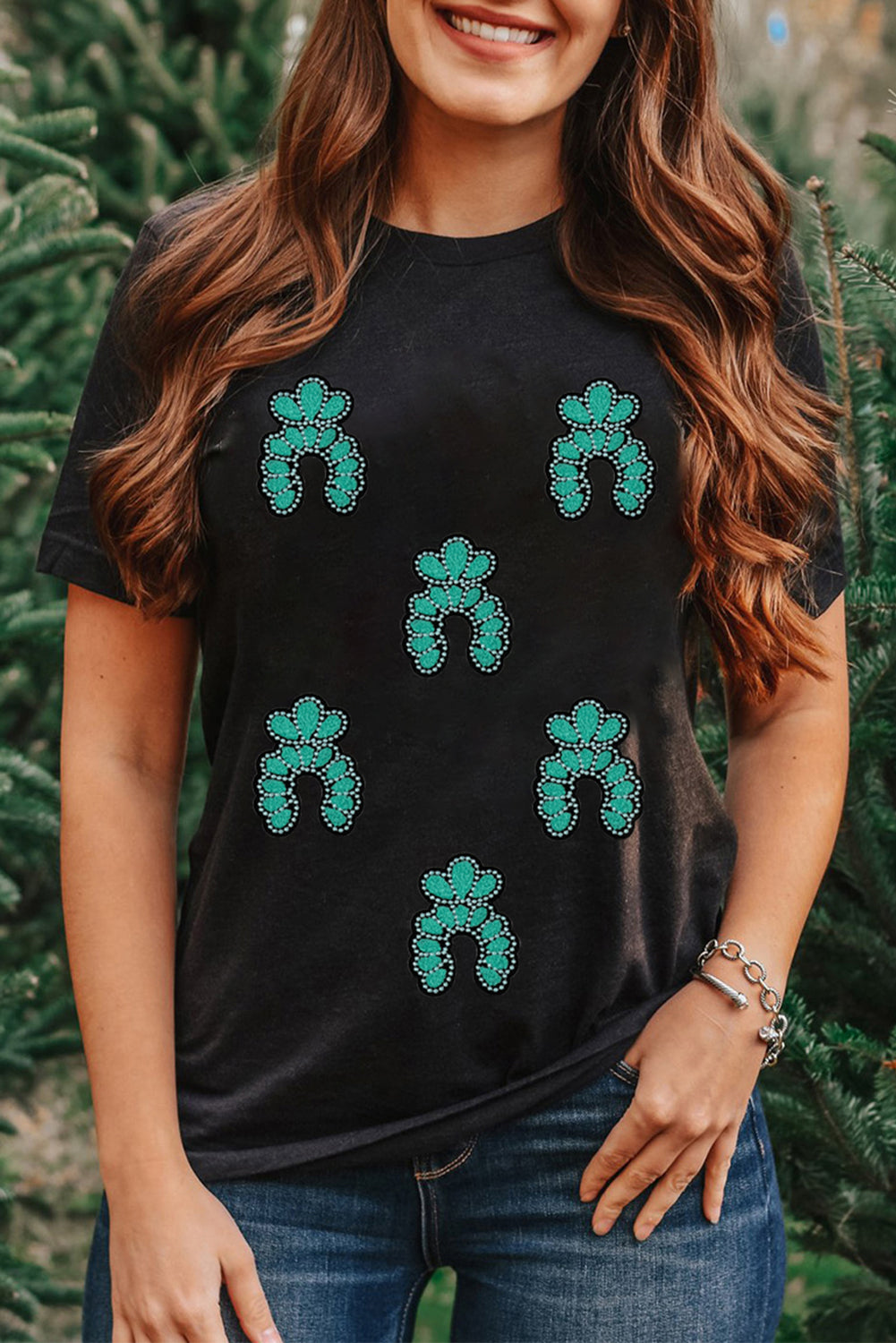 Black Western Turquoise Pattern Sequin Patched T Shirt Graphic Tees JT's Designer Fashion