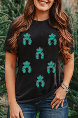 Black Western Turquoise Pattern Sequin Patched T Shirt Graphic Tees JT's Designer Fashion