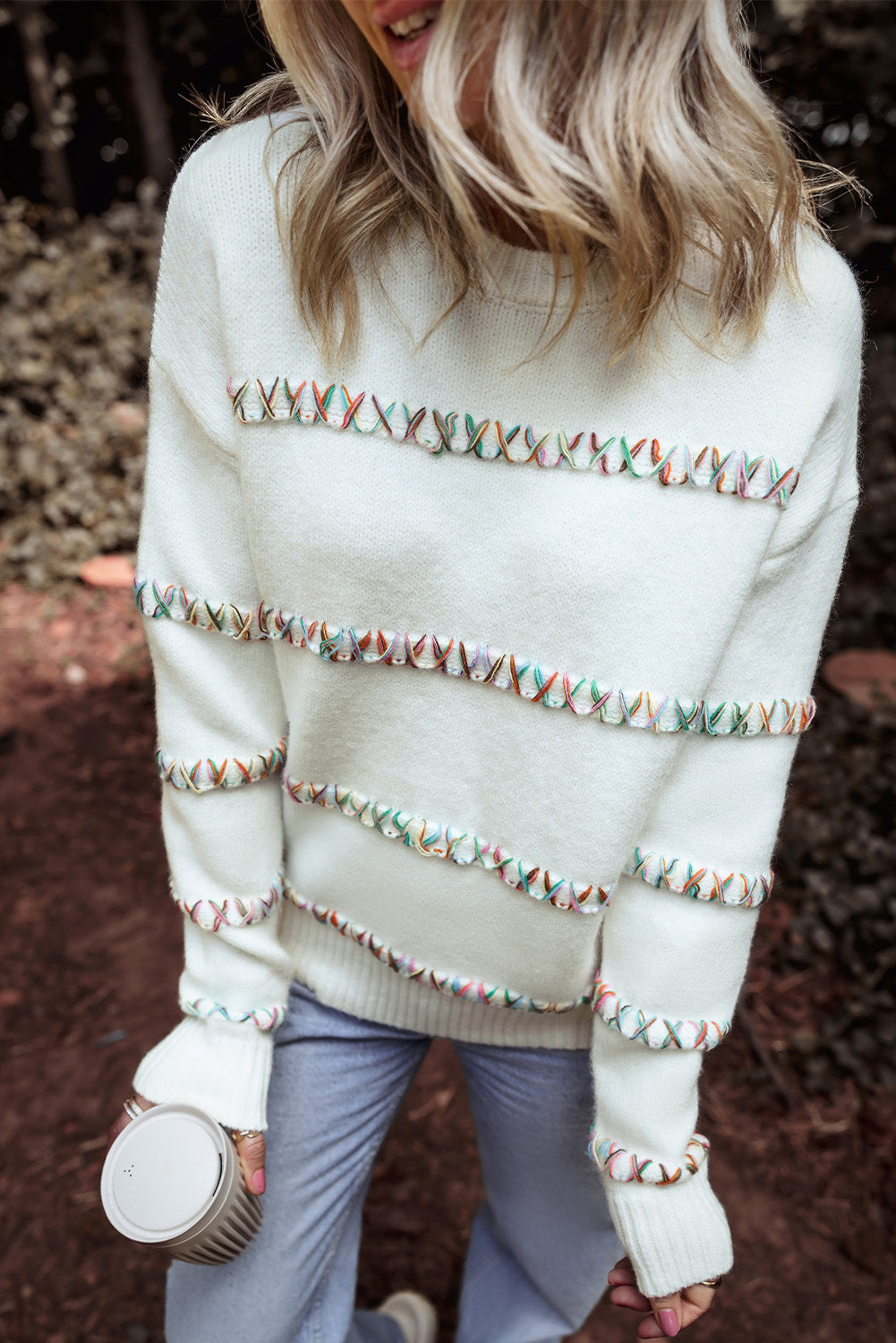 White Colorful Crossed Stitch Drop Shoulder Sweater Sweaters JT's Designer Fashion