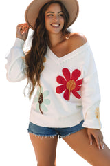 White Big Flower Pattern V Neck Drop Shoulder Sweater Sweaters JT's Designer Fashion