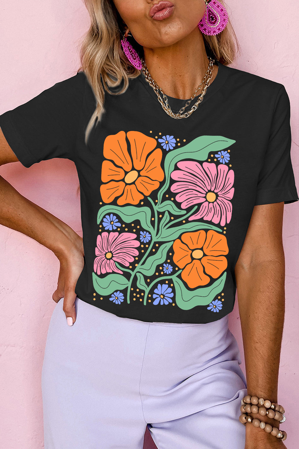 Black Colorful Flower Graphic Crewneck Summer Tee Graphic Tees JT's Designer Fashion