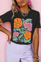 Black Colorful Flower Graphic Crewneck Summer Tee Graphic Tees JT's Designer Fashion