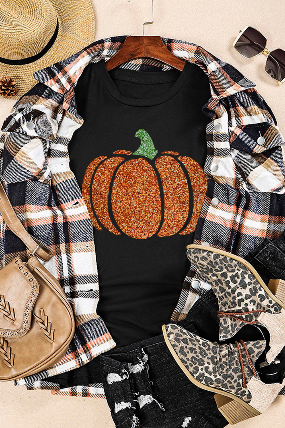 Black Glittering Pumpkin Graphic Halloween T Shirt Graphic Tees JT's Designer Fashion