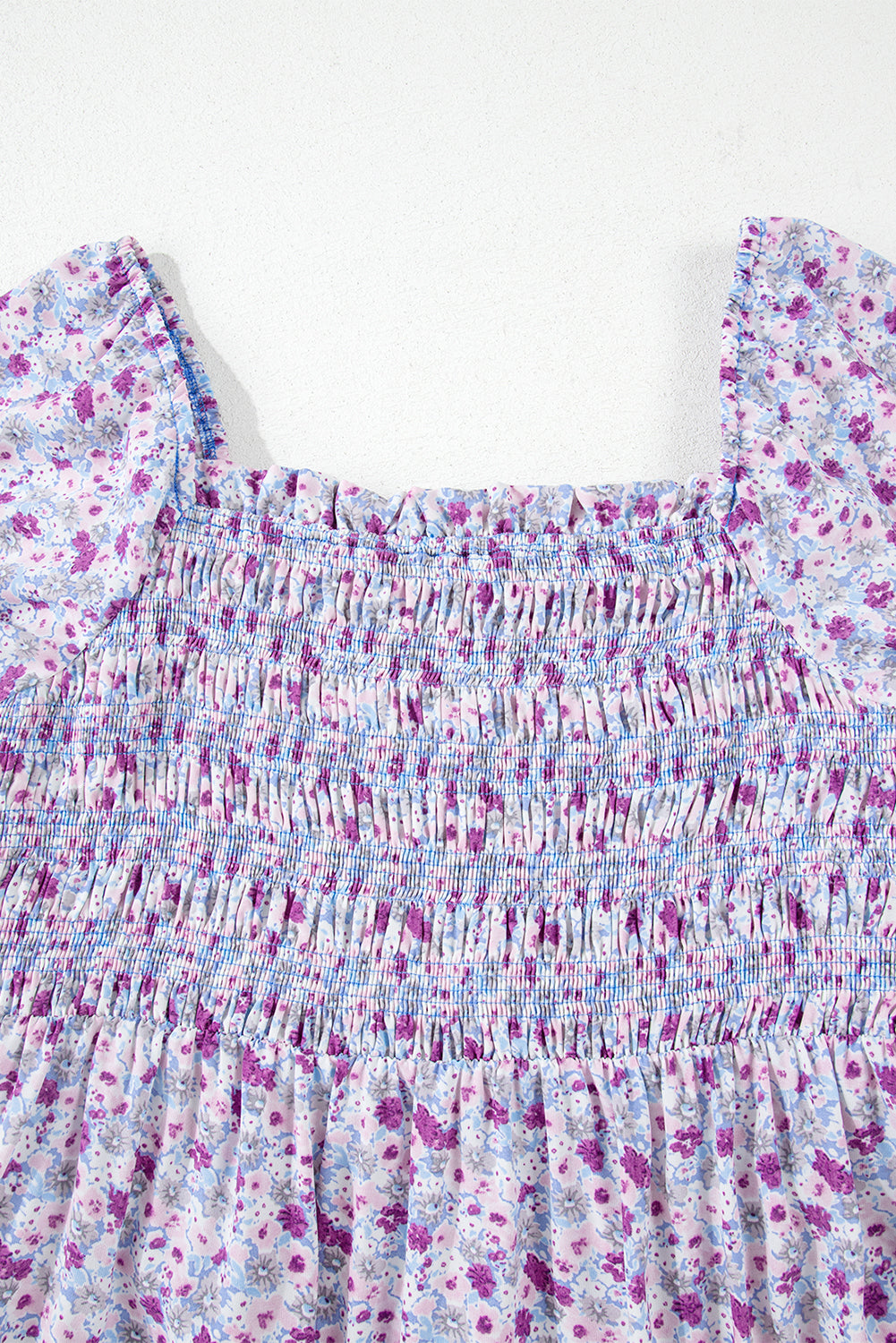 Purple Floral Short Bubble Sleeve Shirred High Waist Long Dress Maxi Dresses JT's Designer Fashion