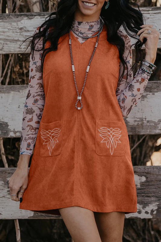 Gold Flame Corduroy Western Embroidered Patched Pocket Shift Sleeveless Mini Dress Gold Flame 100%Polyester Mini Dresses JT's Designer Fashion