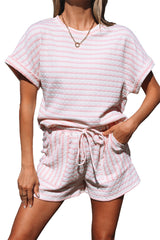 Pink Stripe Knitted Short Sleeve Top and Drawstring Shorts Set Short Sets JT's Designer Fashion