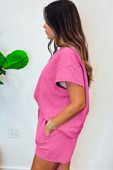 Strawberry Pink 2pcs Solid Textured Drawstring Shorts Set Short Sets JT's Designer Fashion