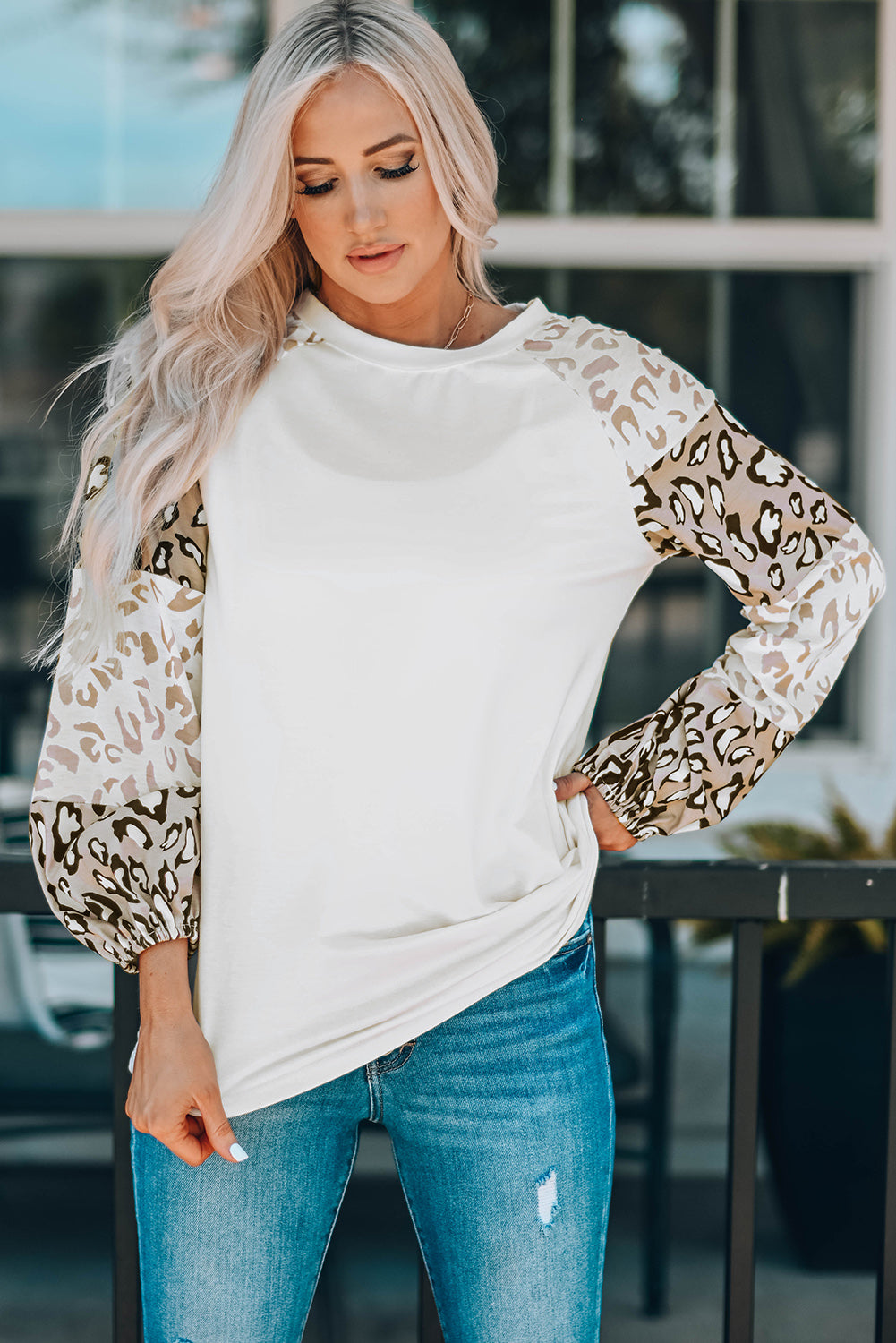 Beige Leopard Print Bubble Sleeve Top Long Sleeve Tops JT's Designer Fashion