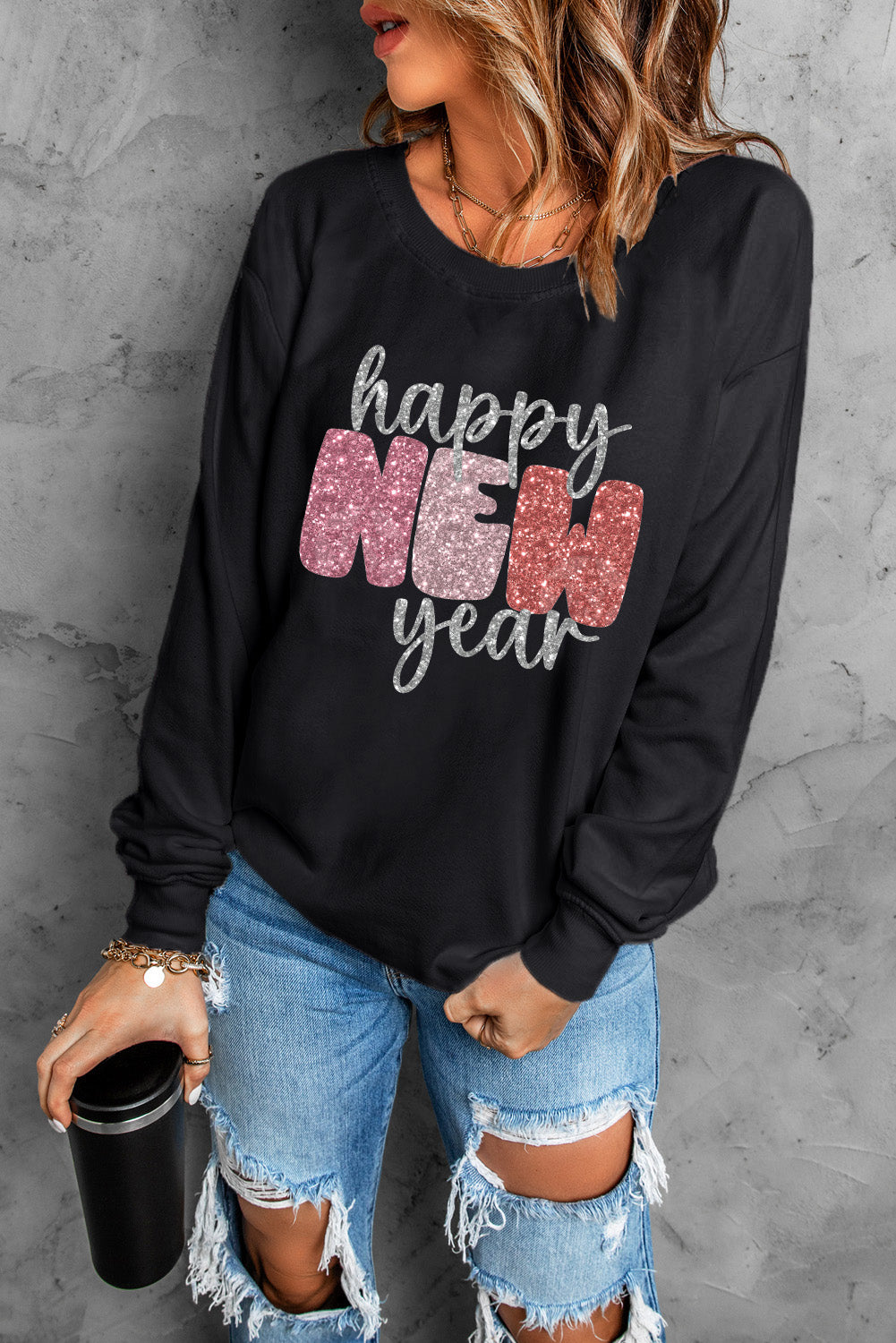 Black Glistening Happy New Year Graphic Sweatshirt Graphic Sweatshirts JT's Designer Fashion