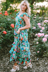 Green Floral Print Sleeveless Ruffle Tiered Maxi Dress Floral Dresses JT's Designer Fashion